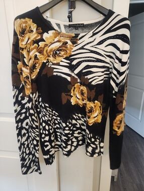 Pierre Cardin Black, White & Gold Floral Zebra Crewneck Sweater